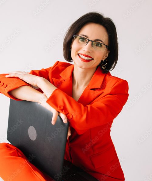 smiling woman in red smiling woman in red
